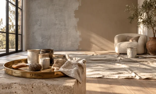 Partially painted beige wall in a sunlit room with paint supplies, a drop cloth, a round armchair, and a potted olive tree.