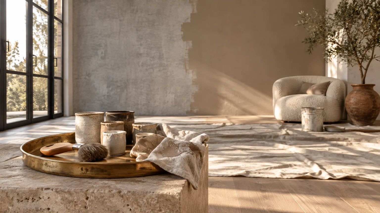 Partially painted beige wall in a sunlit room with paint supplies, a drop cloth, a round armchair, and a potted olive tree.