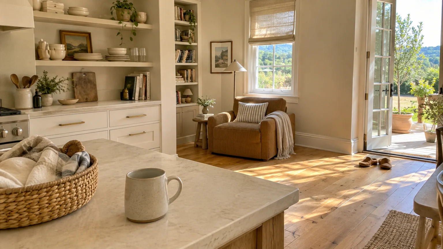 Sunlit kitchen island with a mug, opening to a living area with an armchair, bookshelves, and open patio doors.
