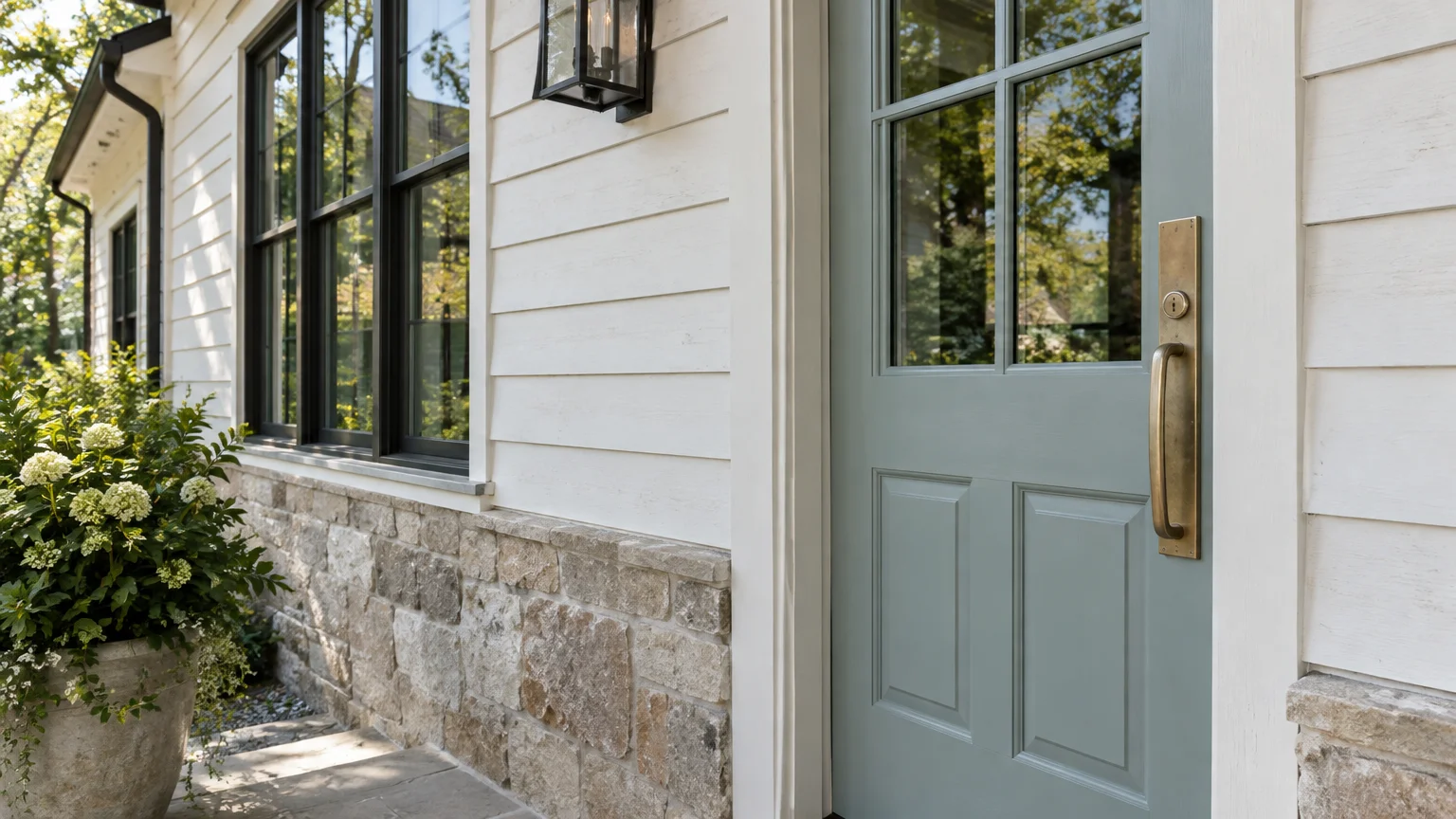 Pale siding, stone foundation, black window frame, and a muted green-blue paneled door with brass handle.