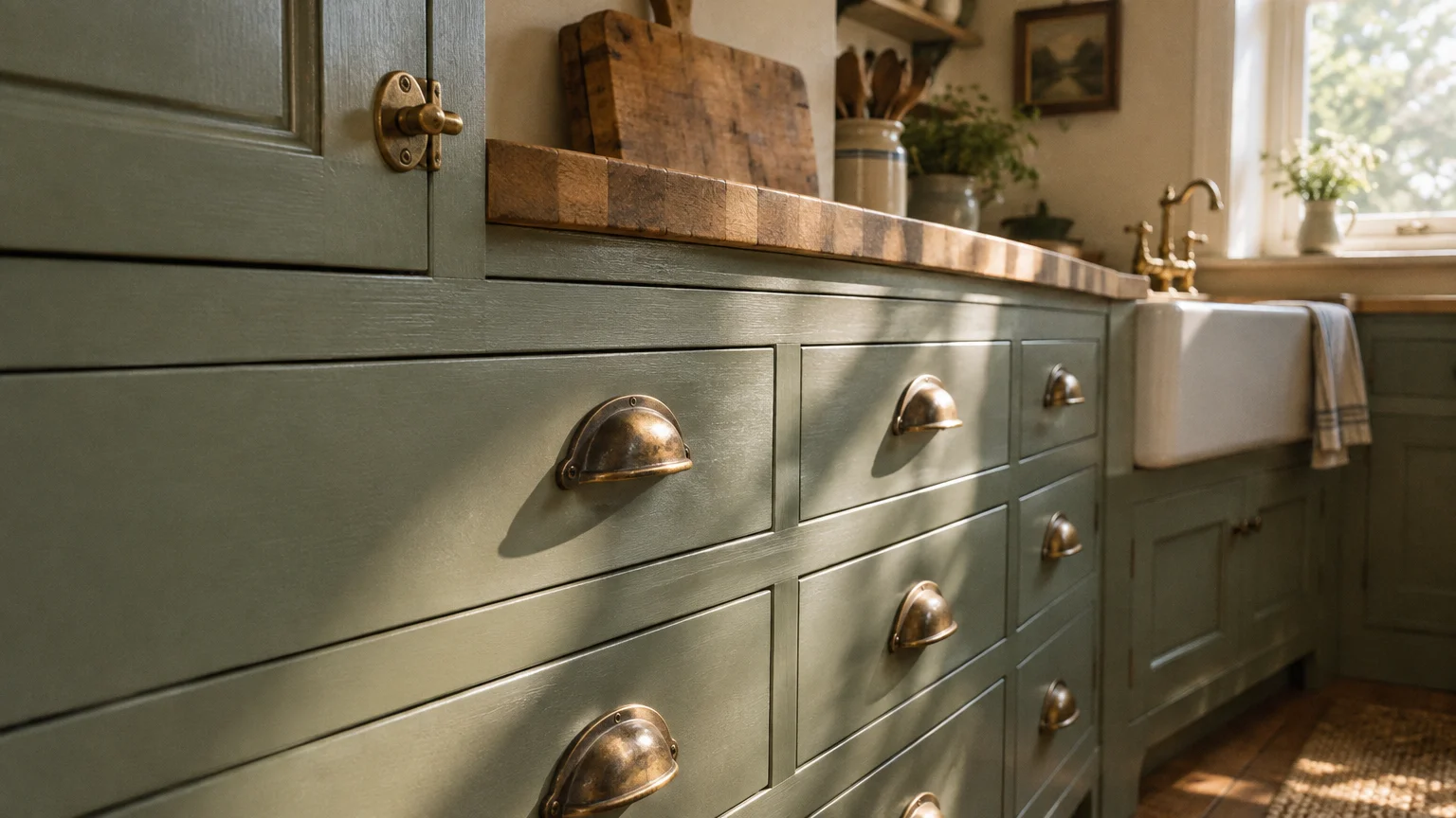Green kitchen cabinets with aged brass cup pulls on drawers and a turn latch on an upper cupboard door.