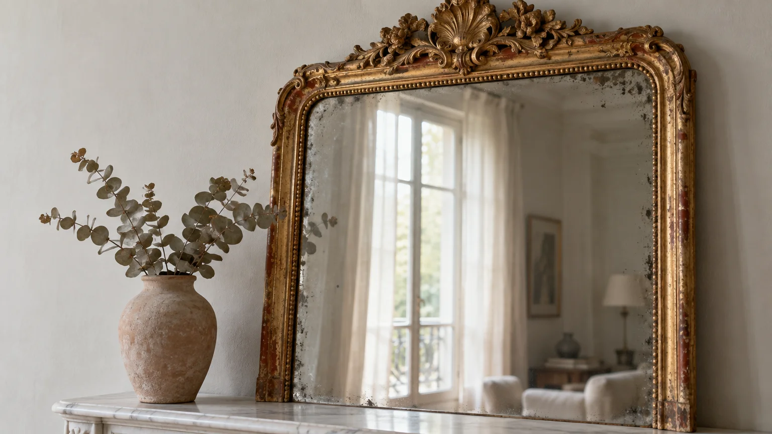 Antique ornate gilt mirror with aged mercury glass resting on a marble mantelpiece beside a ceramic vase with eucalyptus.