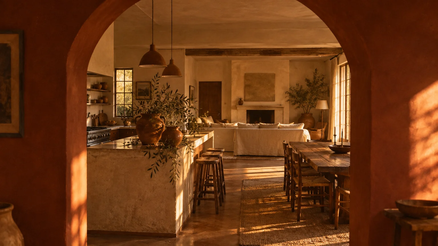 View through a terracotta archway into an open kitchen, dining room, and living area bathed in warm sunset light.