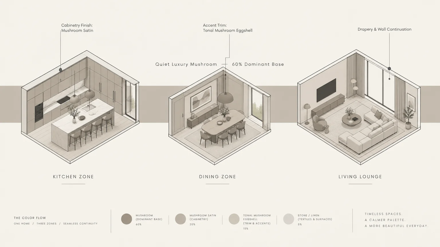 Isometric diagram showing kitchen, dining, and living room cutaways illustrating an interior paint color flow.