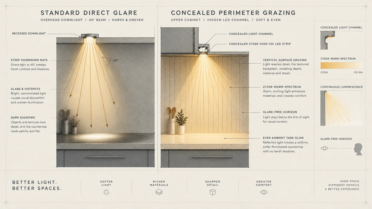 Architectural diagram comparing harsh direct glare from a recessed downlight to soft concealed perimeter grazing in a kitchen.