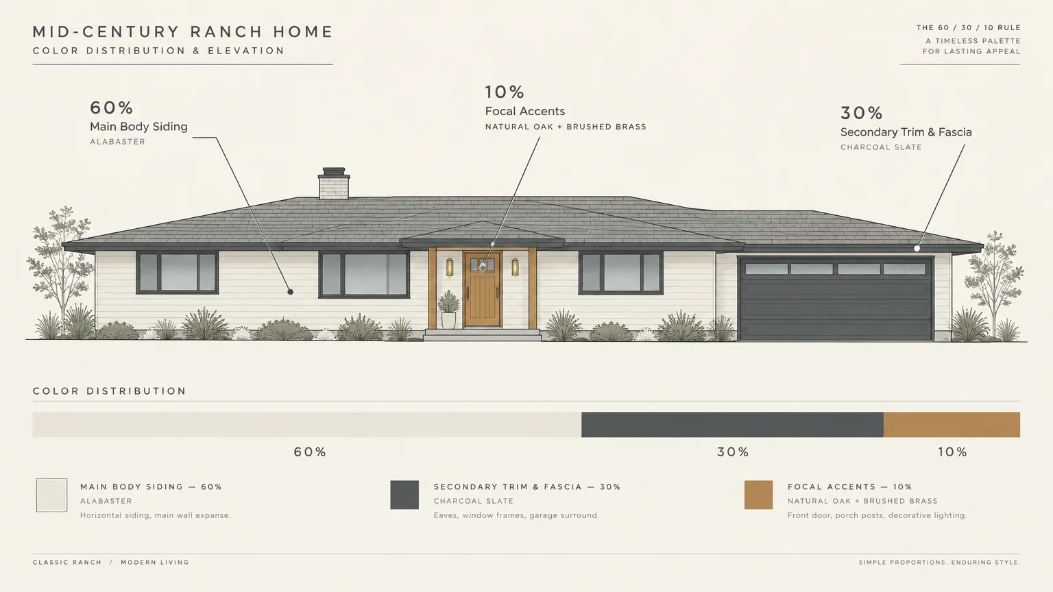 Architectural diagram of a ranch home showing 60-30-10 color distribution across body siding, trim, and focal accents.