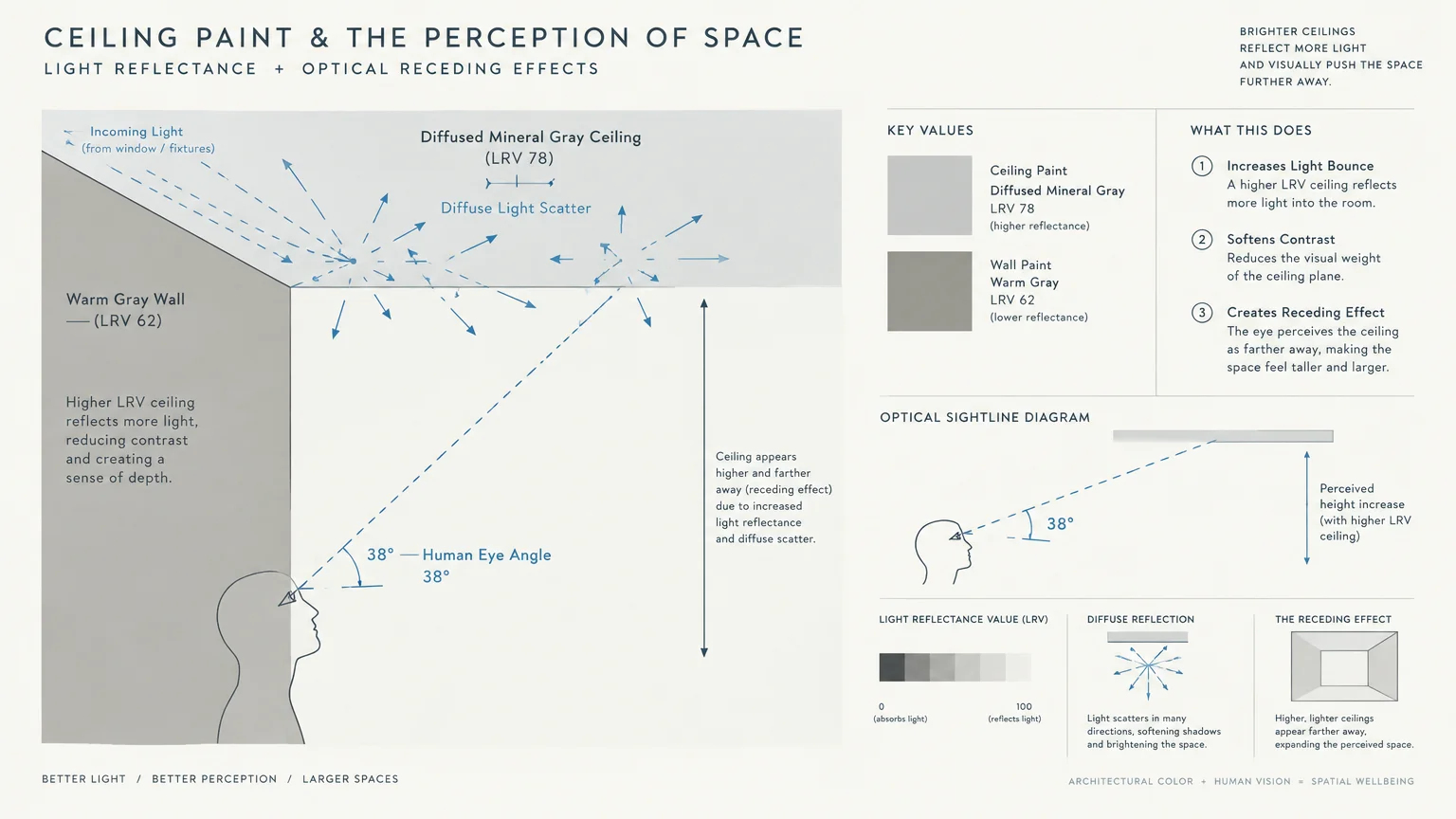 Diagram illustrating light reflectance, diffuse scatter, and optical sightlines from a human eye to a mineral gray ceiling.