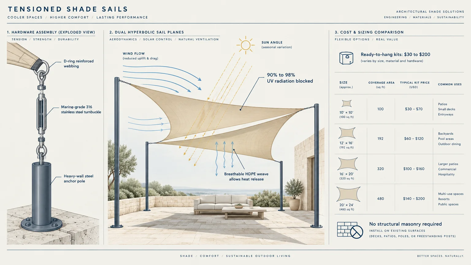 Diagram of tensioned shade sails showing hardware assembly, dual hyperbolic sail planes, and a cost and sizing chart.