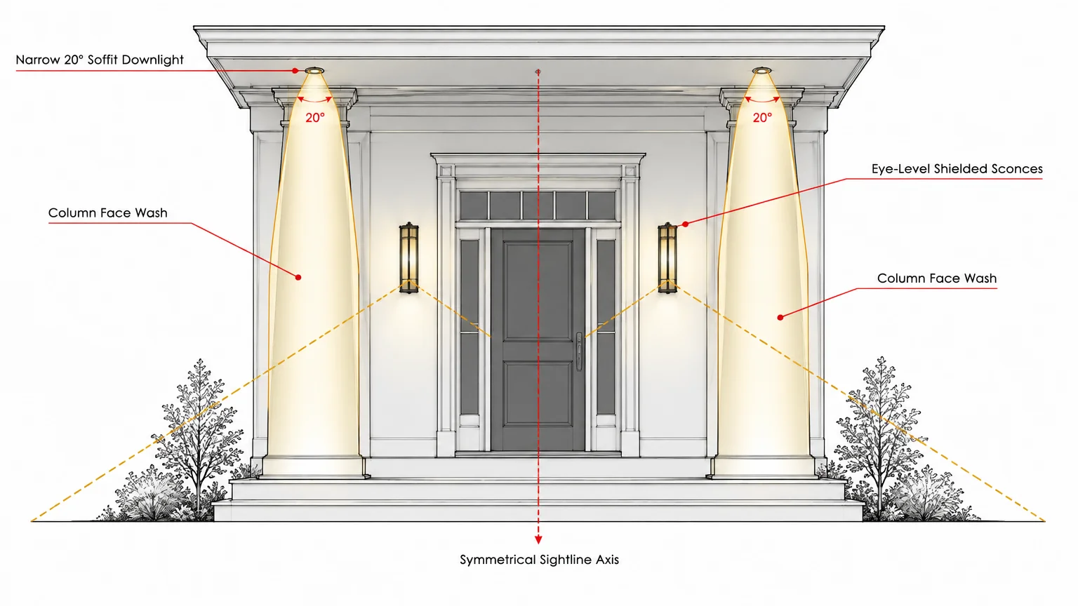 Architectural diagram of a home entryway showing symmetrical lighting cones on columns and sconces flanking the front door.