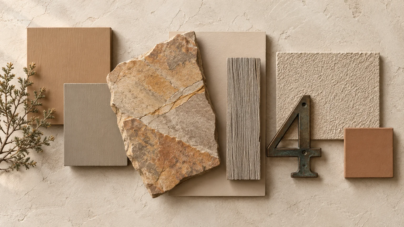 Material mood board featuring stone, wood, textured tiles, paint swatches in desert tones, greenery, and a metal number 4.