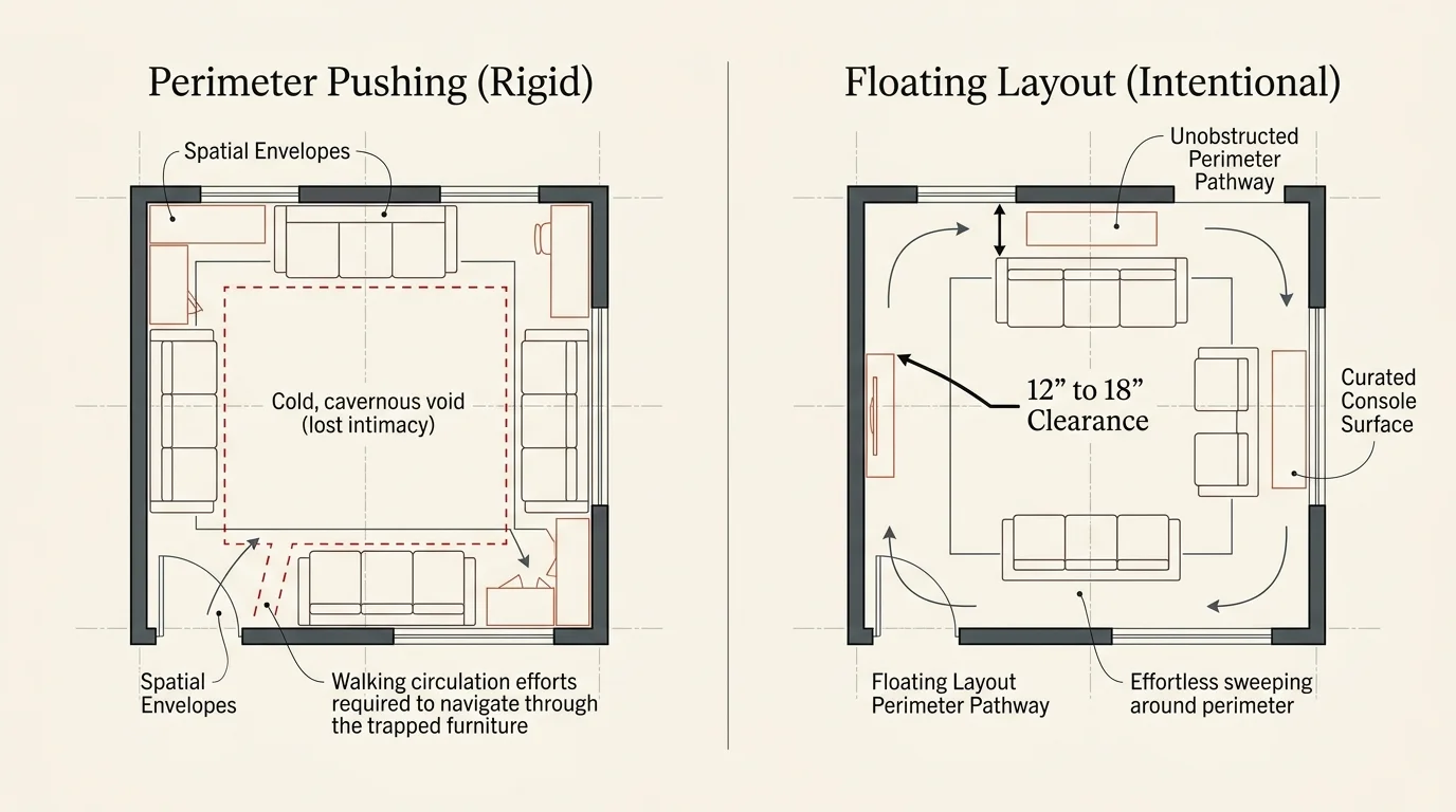 Floor plan diagrams comparing a rigid perimeter-pushed layout with an intentional floating layout showing 12" to 18" clearance.