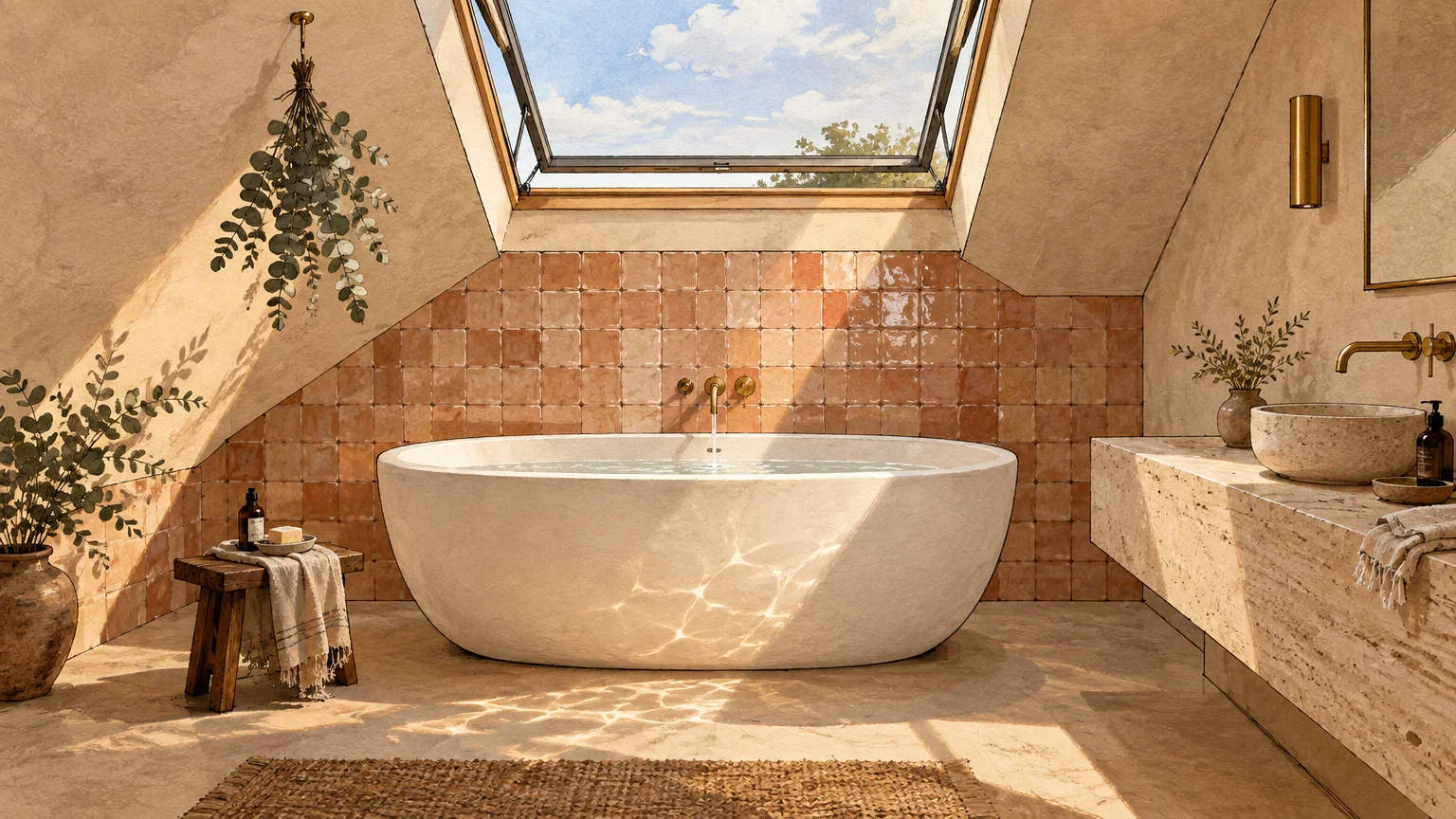 Freestanding oval bathtub under an open attic skylight with terracotta wall tiles, textured plaster, and a stone vanity.