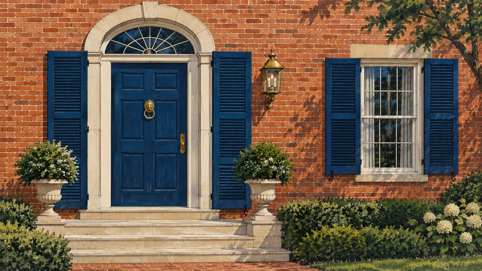 Red brick house exterior featuring a deep blue front door, matching louvered shutters, stone steps, and potted plants.