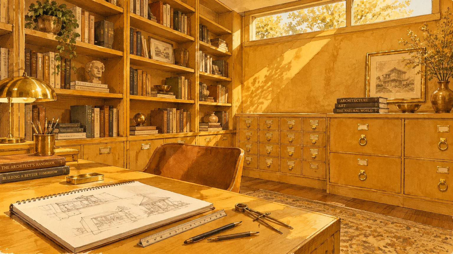 Illustration of a sunlit study with warm ochre walls, built-in bookshelves, brass pulls, and an architect desk.