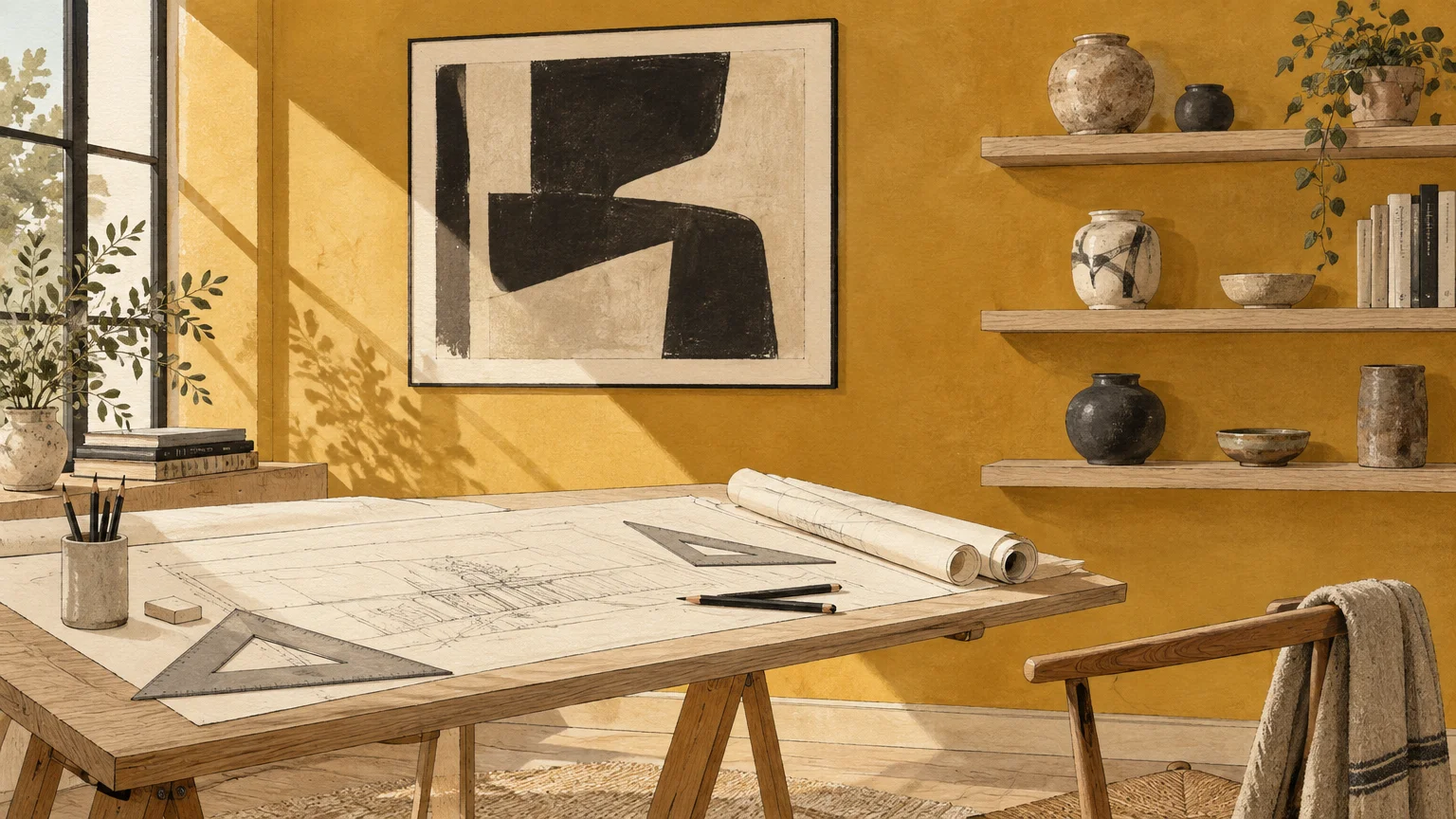 Illustration of a sunlit office with ochre yellow walls, an architect drafting table with blueprints, and floating shelves.