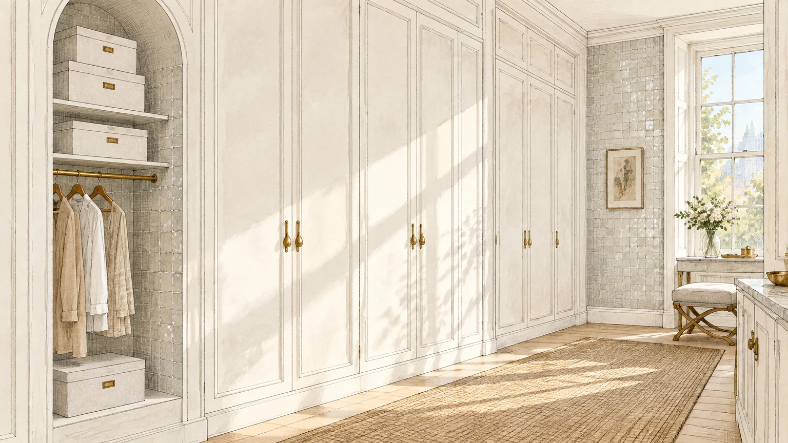 Illustration of a sunlit master closet featuring architectural white built-in wardrobes with brass hardware and zellige tile.