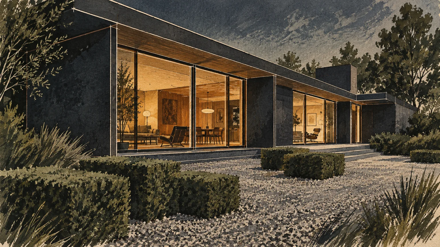 Architectural sketch of a modern dark charcoal house with expansive glass windows, warm interior lighting, and gravel yard.