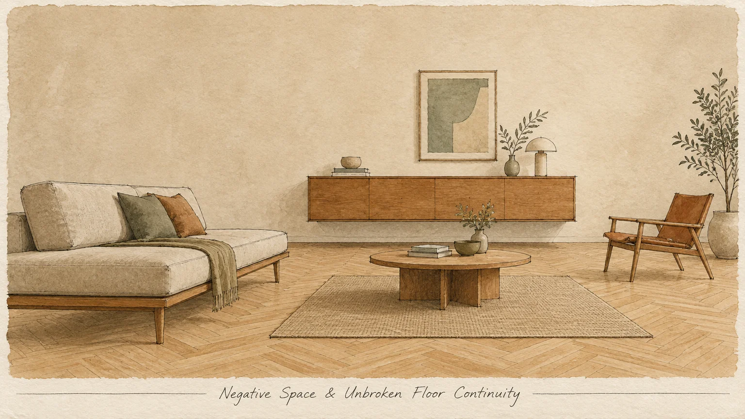 Illustration of a living room with a low-profile sofa, round coffee table, floating credenza, and herringbone floor.