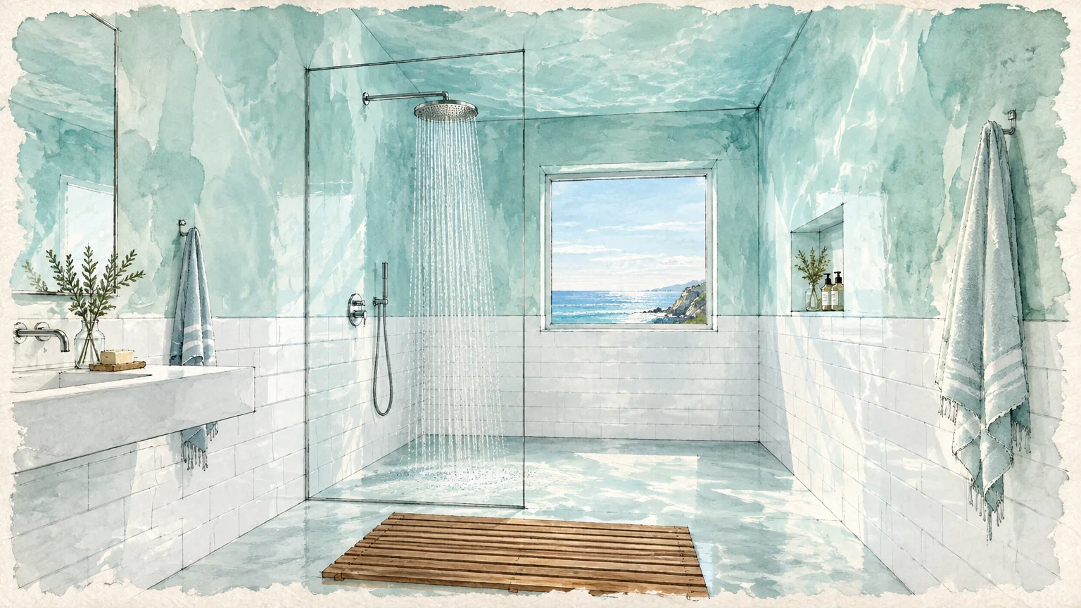 Watercolor sketch of a walk-in shower with pale aqua walls, white subway tiles, and a window facing the ocean.