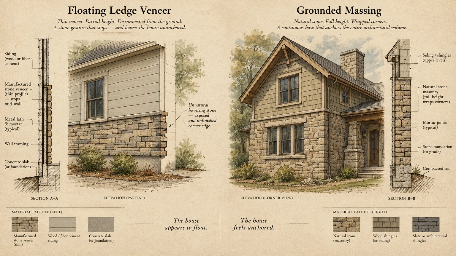 Architectural diagram comparing partial floating ledge stone veneer on a wall with full-height grounded natural stone masonry.