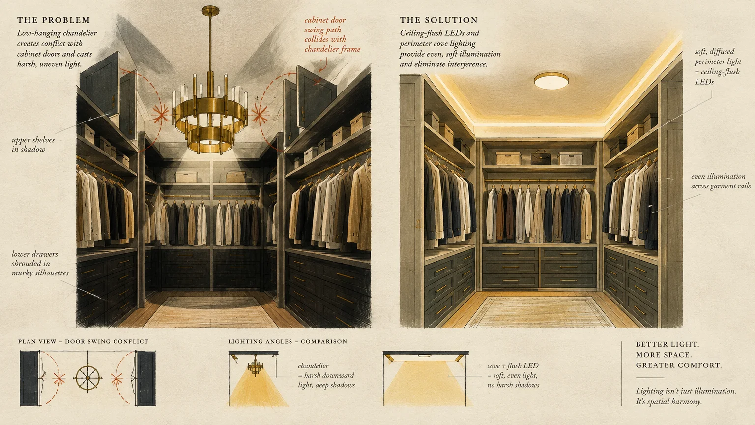 Illustration comparing a closet with an obstructive hanging chandelier to one with ceiling-flush LEDs and perimeter lighting.