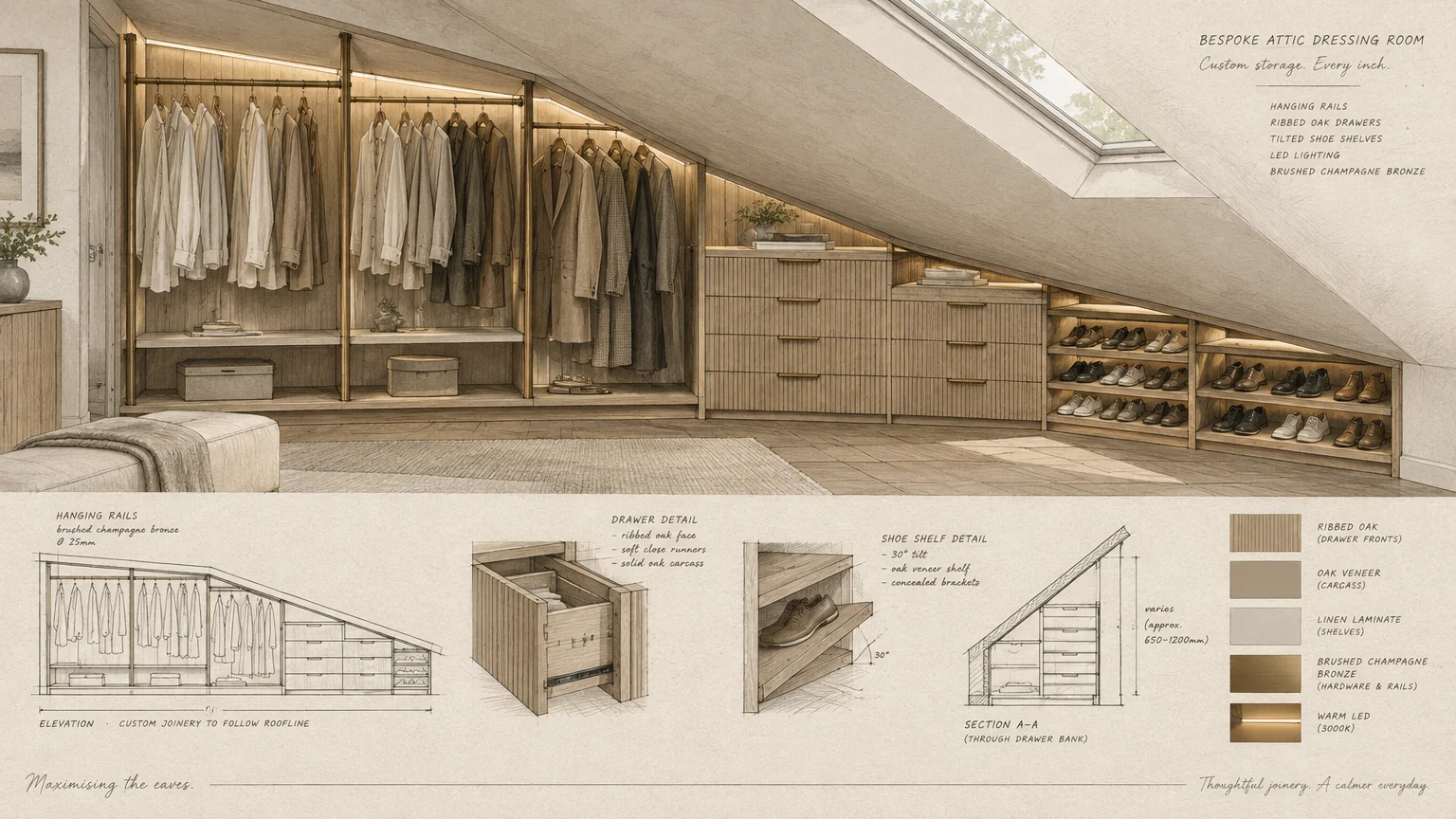 Illustration and architectural diagrams of custom wooden wardrobes built beneath a slanted attic ceiling.