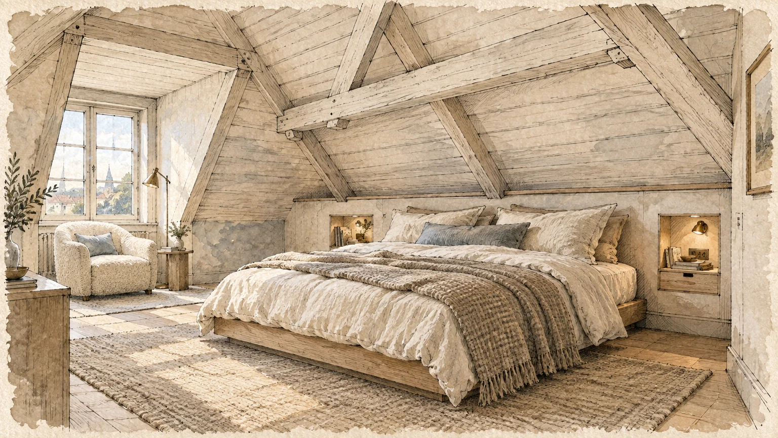 Illustration of an attic bedroom with exposed wooden beams, a low platform bed, dormer window, and armchair.