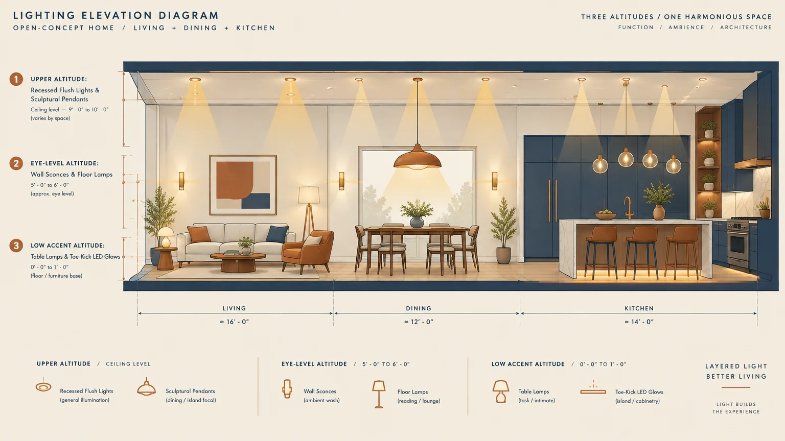 Architectural cross-section diagram showing lighting layers across an open-concept living, dining, and kitchen space.