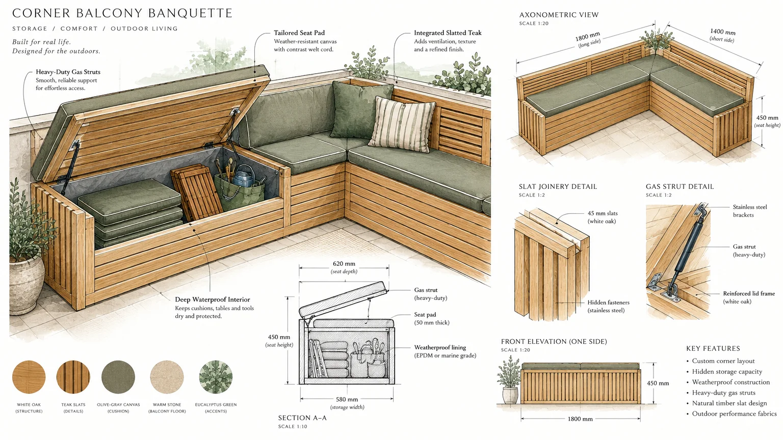 Architectural diagram and illustration of an L-shaped wooden balcony banquette with an open storage bench and dimensions.