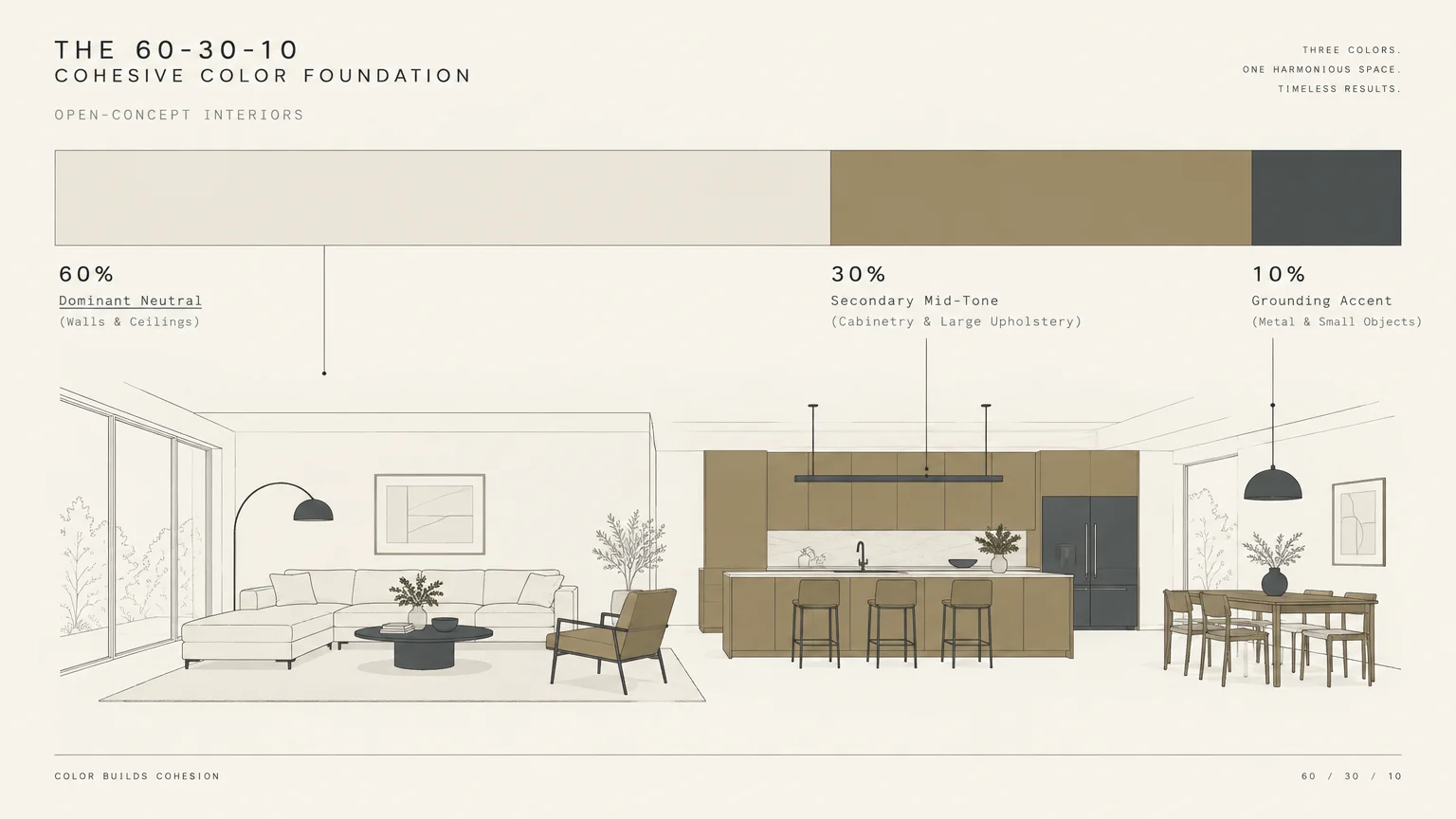 Diagram illustrating the 60-30-10 color rule with color swatches above an open-concept living, kitchen, and dining layout.