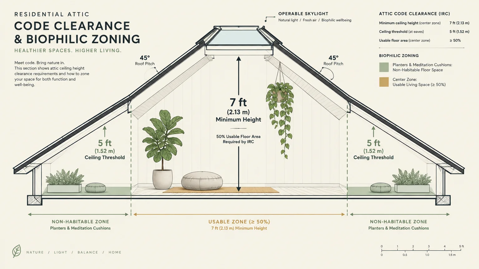 Architectural cross-section diagram of an attic showing IRC ceiling height clearance zones and biophilic furnishings.