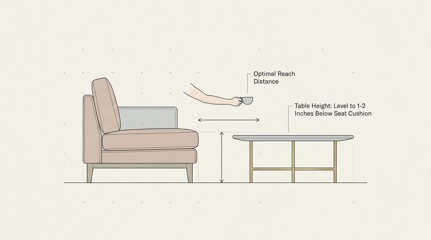 Diagram showing optimal reach distance and table height relative to a sofa seat cushion.
