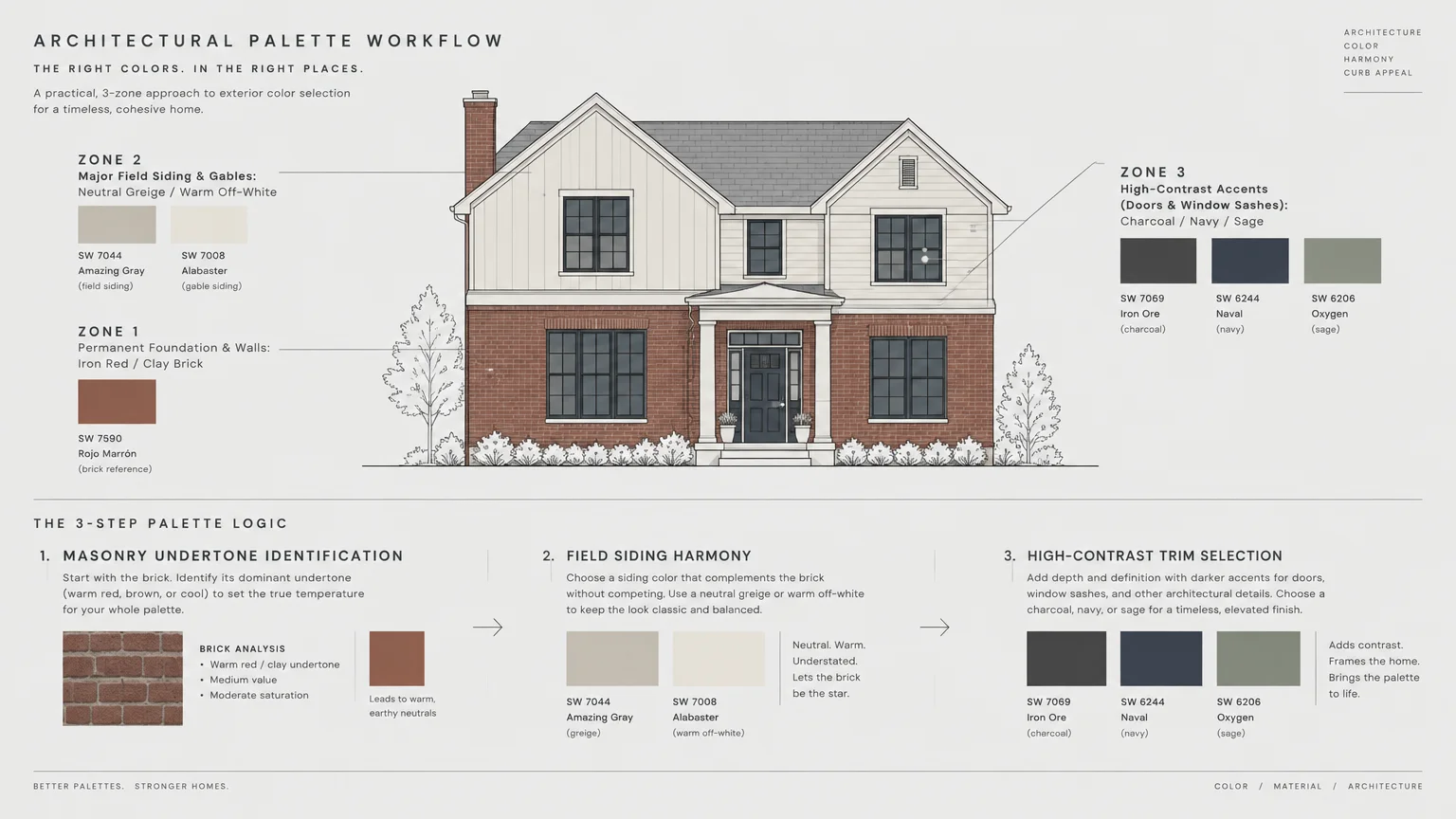 Architectural diagram of a brick house illustrating a three-zone palette workflow and three-step color selection logic.