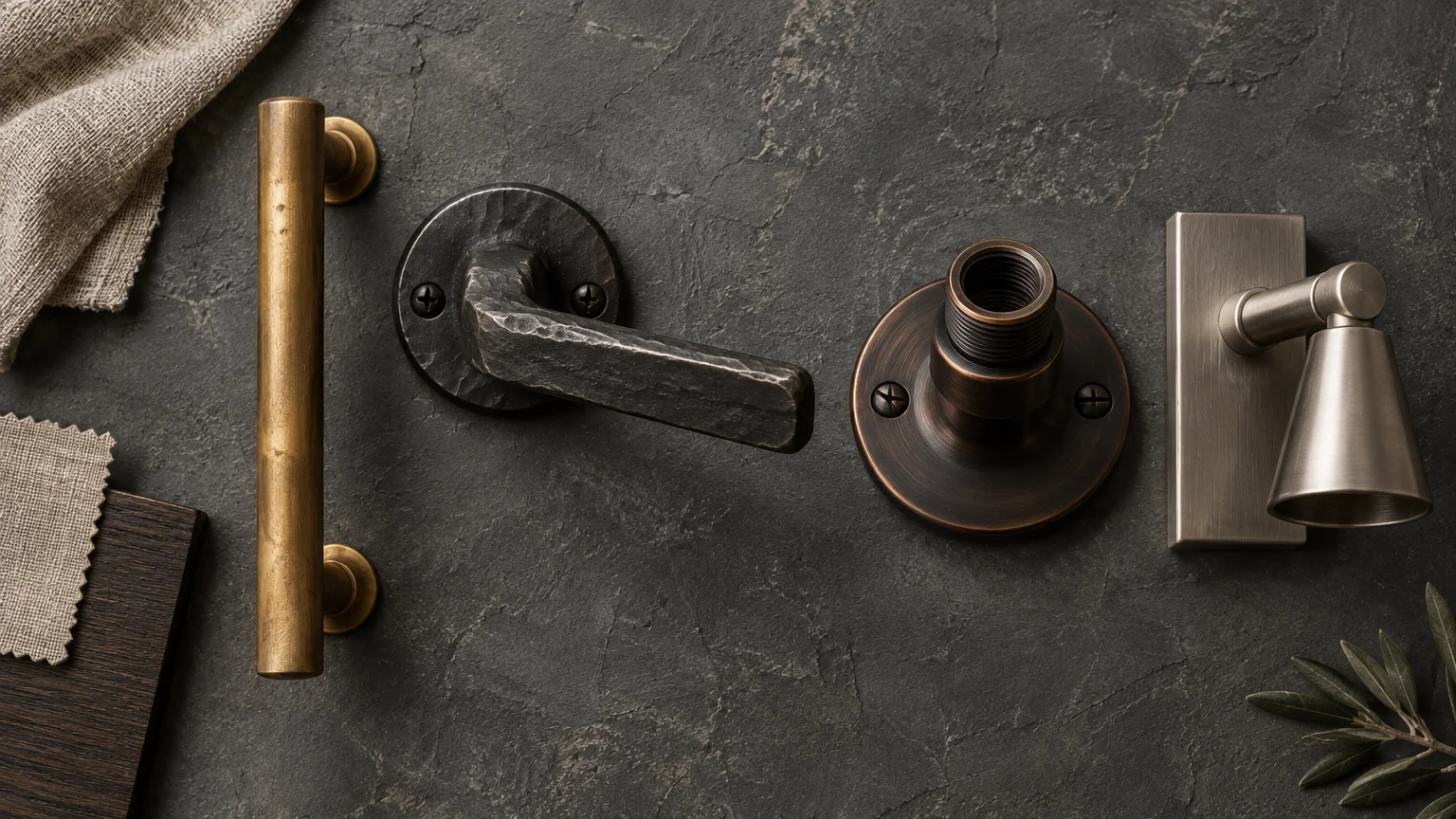 Various metal hardware fixtures including a brass pull handle, iron door handle, and brushed metal wall sconce on stone.