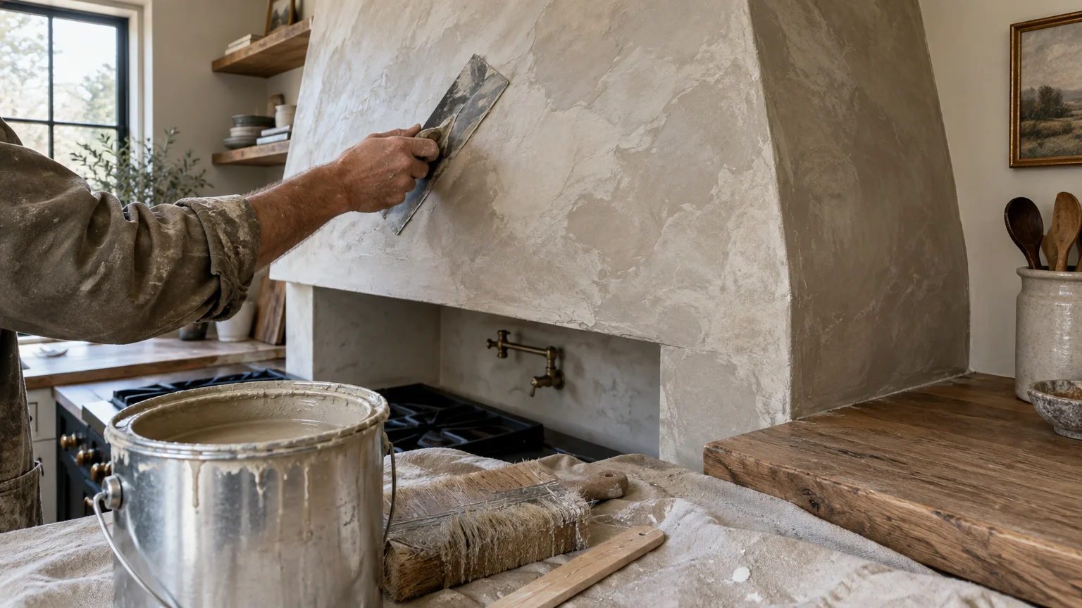 A person using a trowel to apply textured lime plaster to a kitchen range hood above a stove.