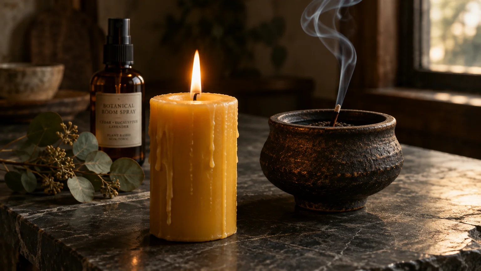 Lit yellow pillar candle dripping with wax beside a botanical spray bottle and smoking incense burner on a stone table.