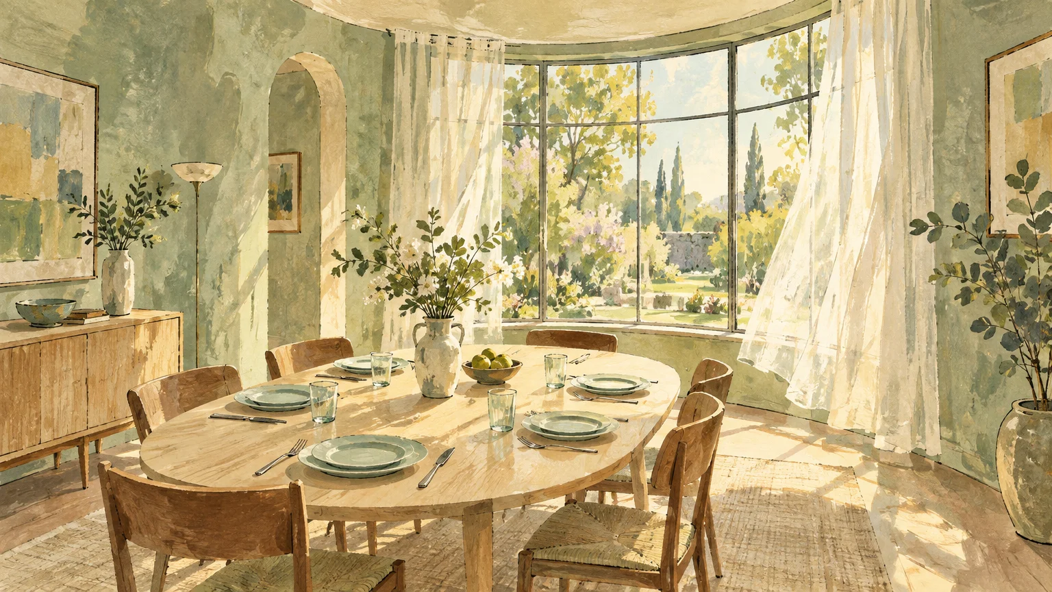 Illustration of a sunlit dining room with sage green plaster walls, an oval wooden table, and curved bay windows.