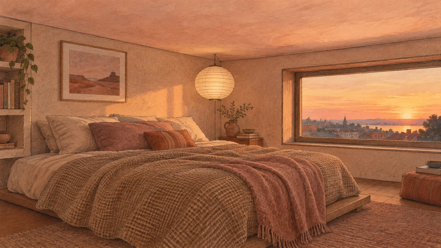 Illustration of a warm bedroom with a low blush-toned ceiling, platform bed, and window viewing a sunset over a city.