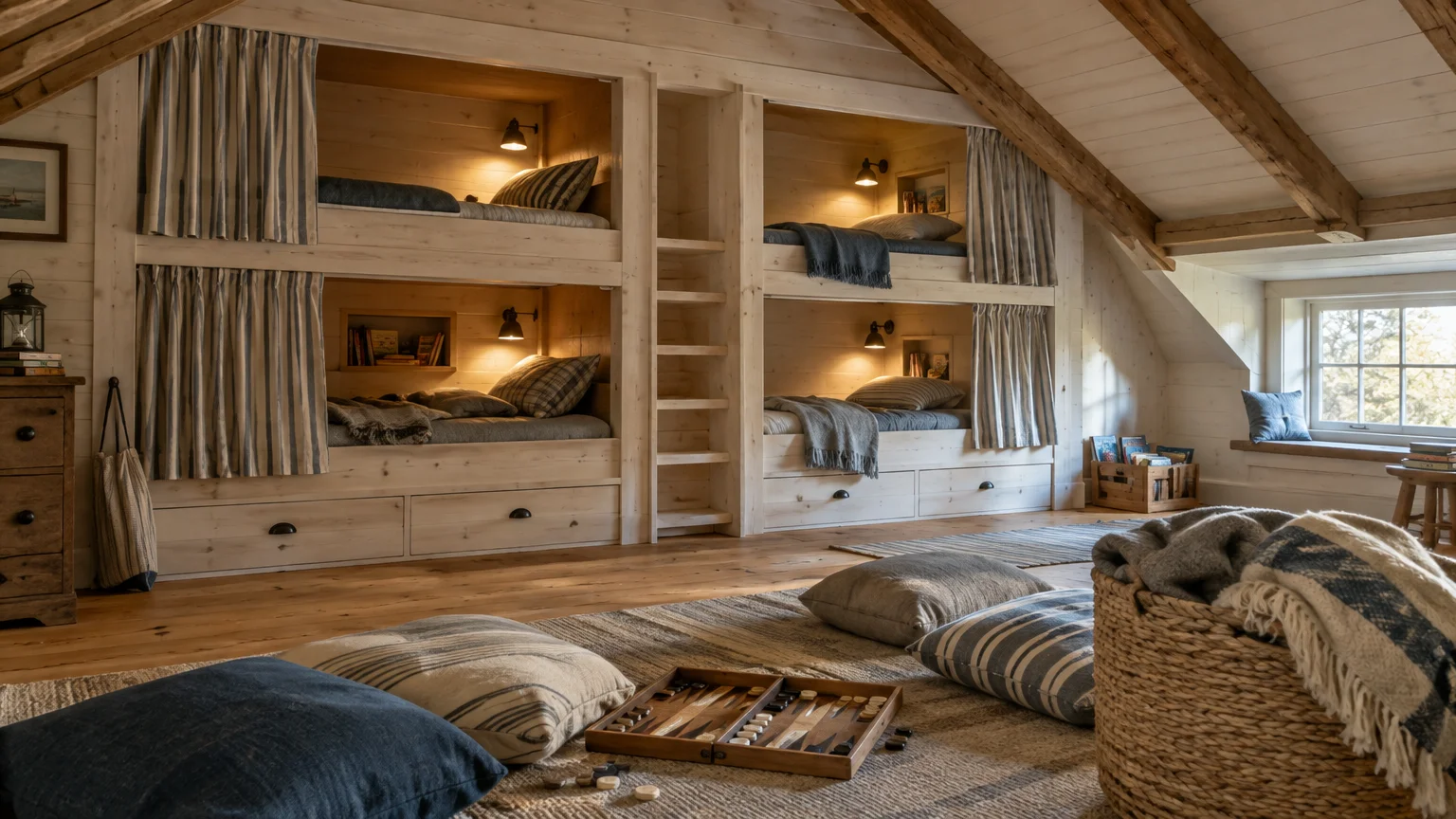 Rustic attic loft featuring four built-in wooden bunk beds, floor cushions, a backgammon board, and exposed ceiling beams.