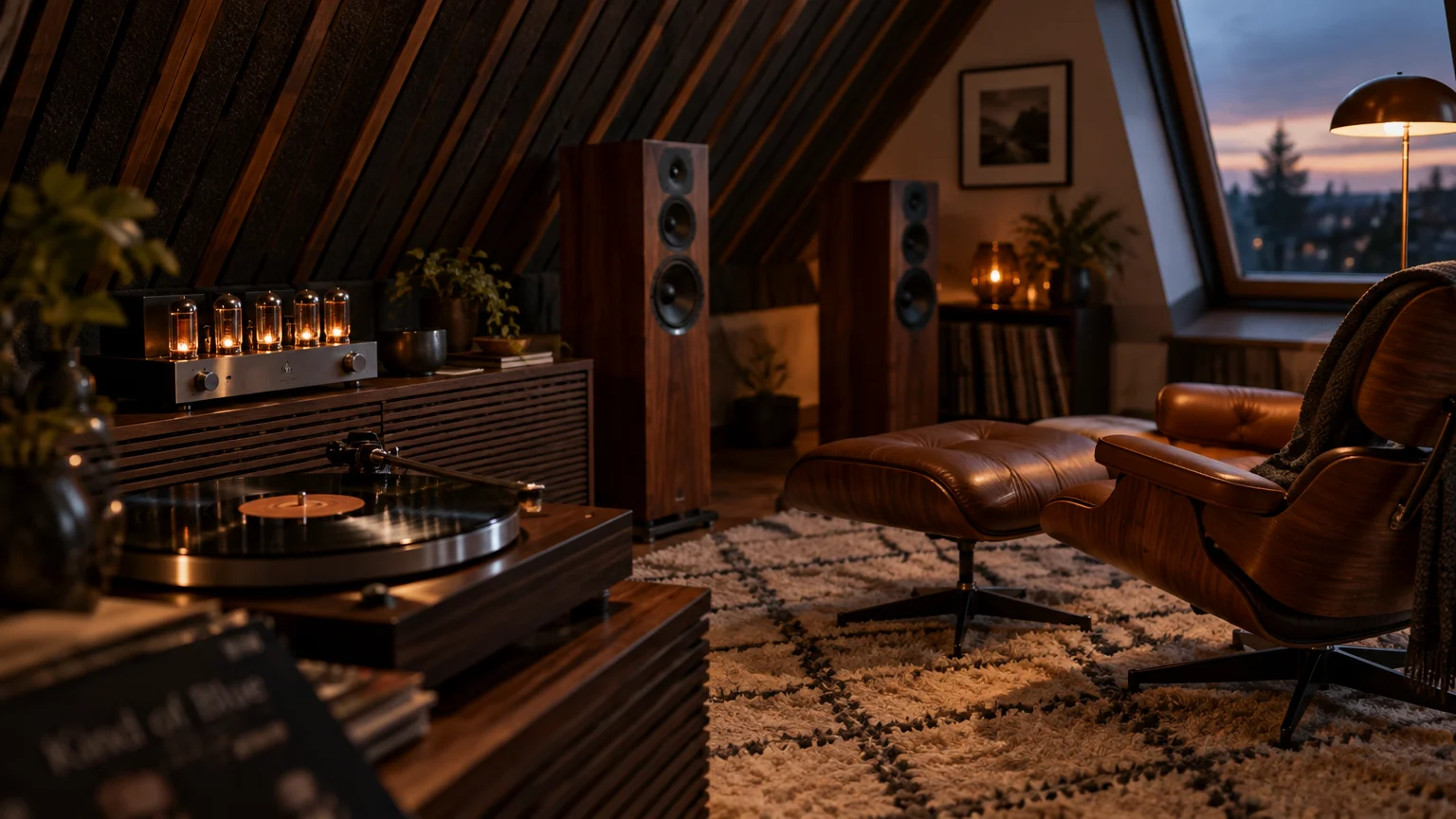 Cozy attic listening room with a vinyl turntable, tube amplifier, tall wooden speakers, and a leather lounge chair on a rug.