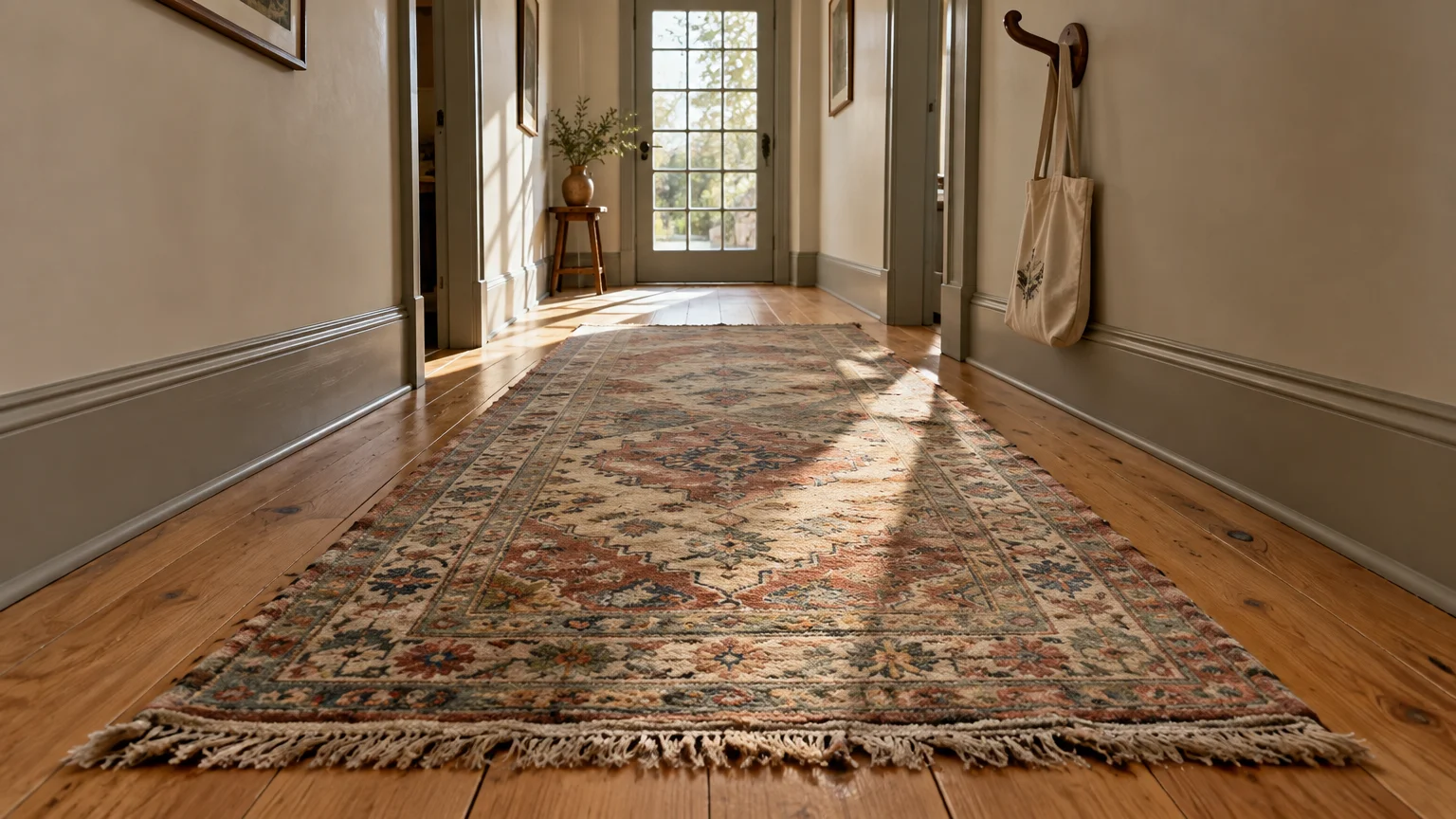 Patterned Persian runner with fringe laid on a wooden hallway floor leading toward a sunlit glass back door.