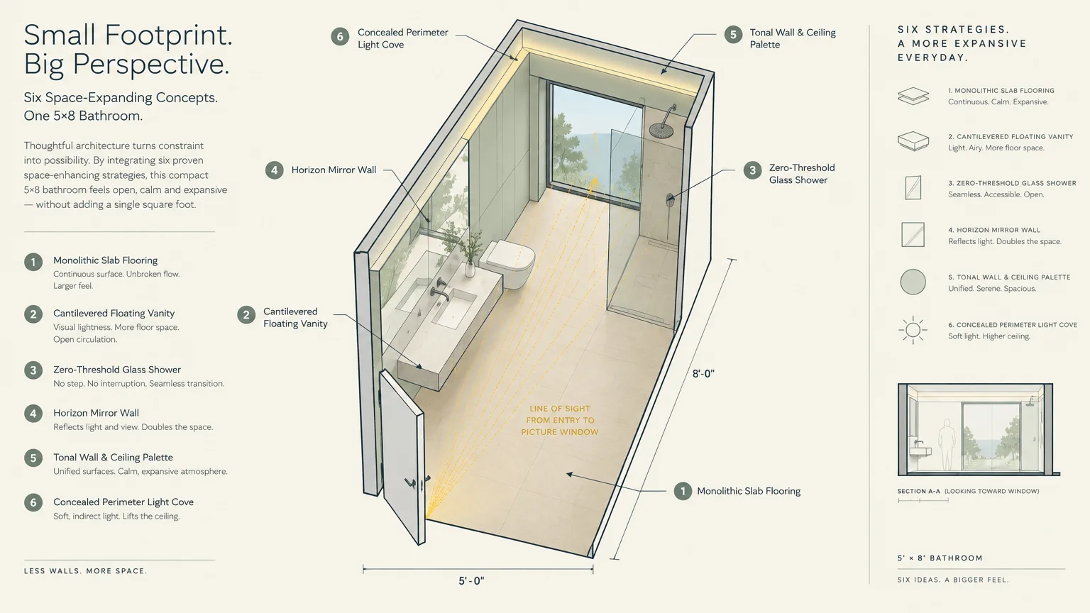 Cutaway architectural diagram of a compact five-by-eight bathroom illustrating six space-expanding design concepts.