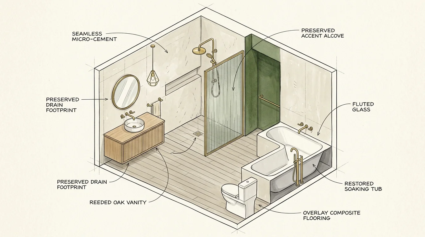 Isometric architectural illustration of a remodeled bathroom layout with labeled features and preserved drain footprints.