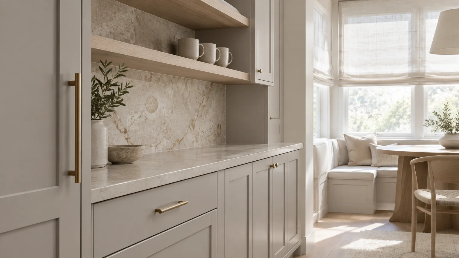 Greige lower cabinets with brass hardware and marble countertops, leading to a sunlit breakfast nook banquette.