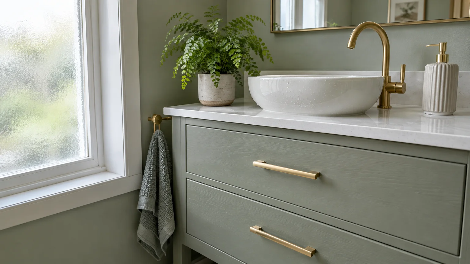 Green bathroom vanity with gold bar pulls, white vessel sink, brushed brass faucet, and a potted fern next to a window.
