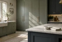 Luxury kitchen with sage green cabinets, brass hardware, marble countertops, an apron sink, and a dark blue island.