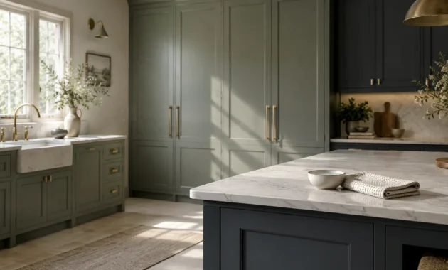 Luxury kitchen with sage green cabinets, brass hardware, marble countertops, an apron sink, and a dark blue island.