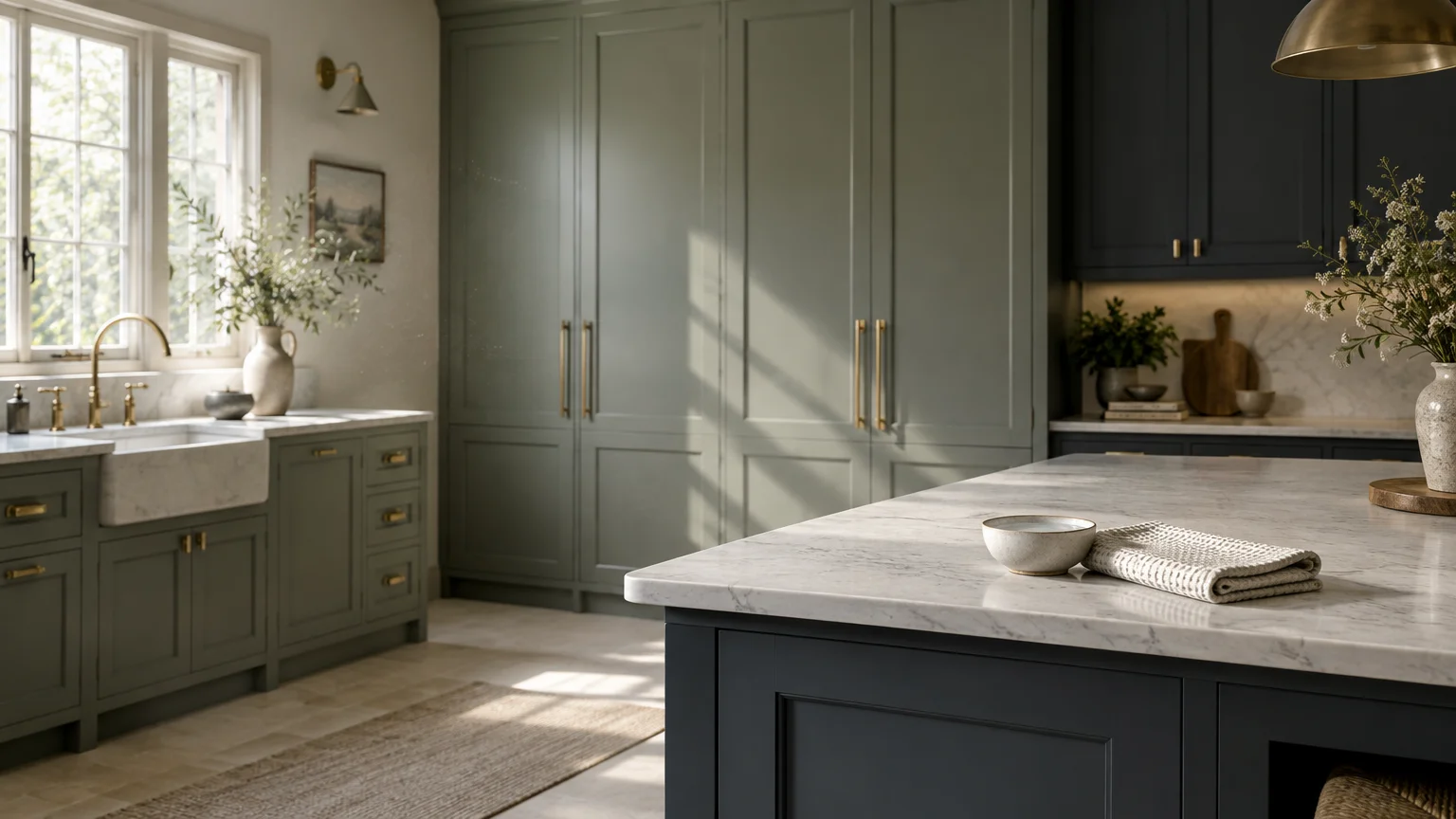 Luxury kitchen with sage green cabinets, brass hardware, marble countertops, an apron sink, and a dark blue island.