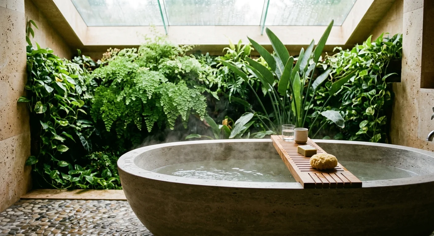Steaming stone bathtub on pebble flooring in front of a lush indoor plant wall beneath a glass skylight.