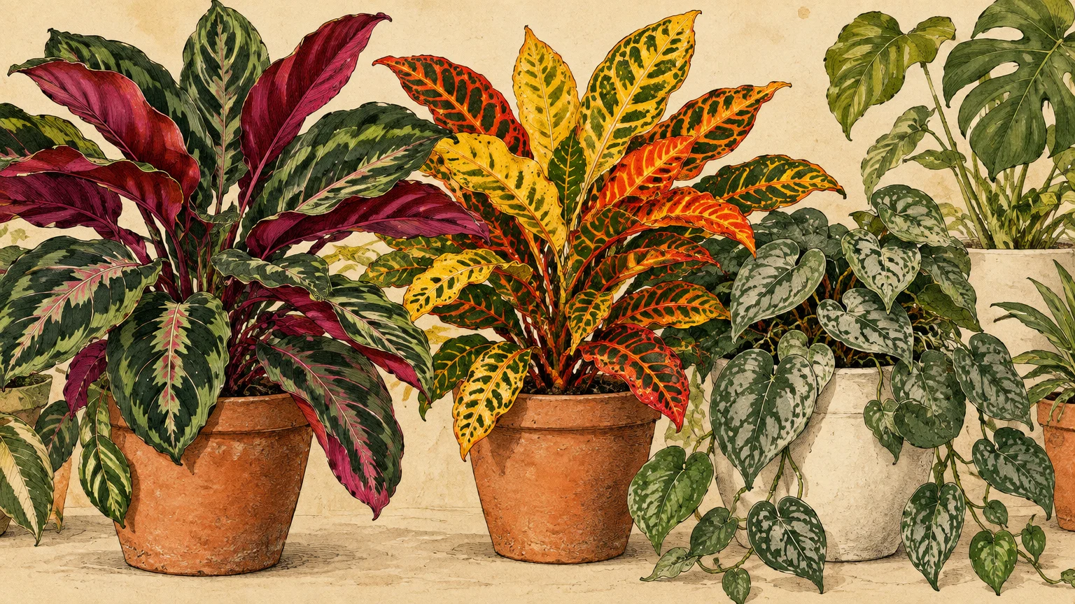 Illustration of potted houseplants with vibrant variegated red, yellow, and green leaves in terracotta pots.